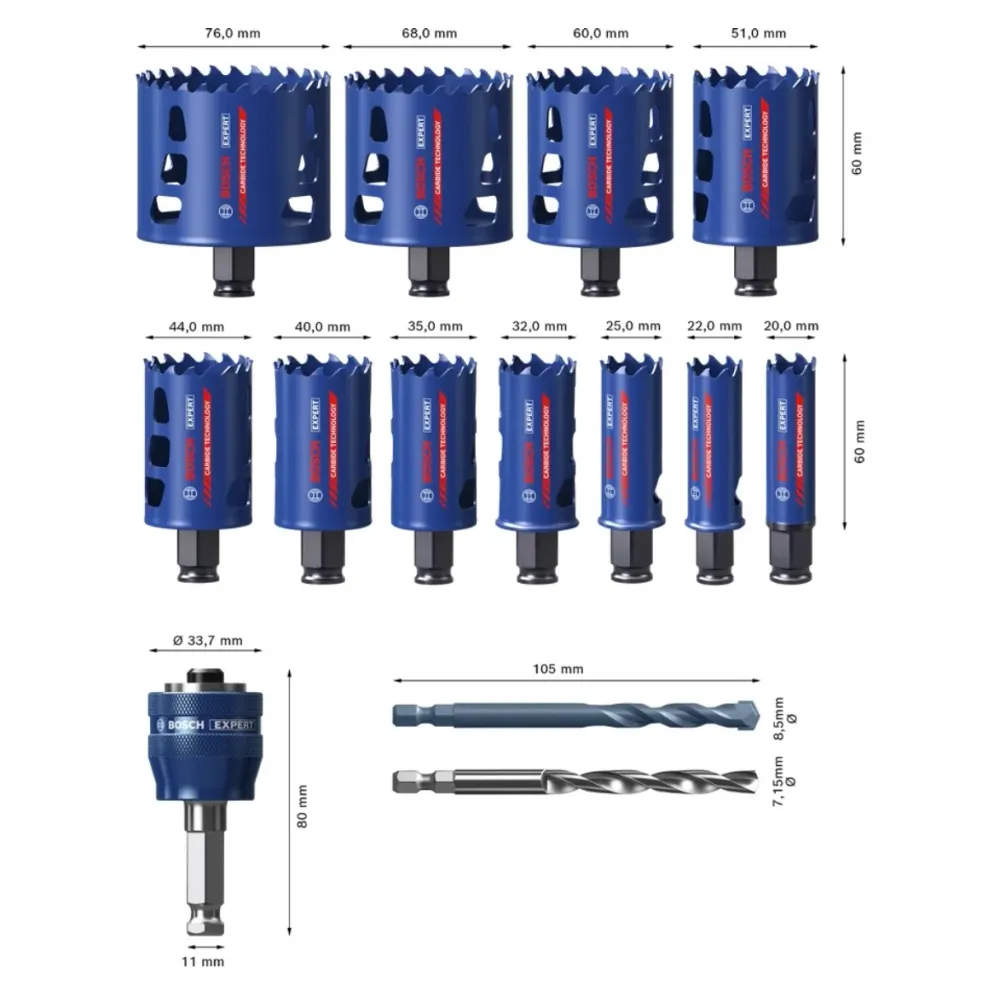 Bosch EXPERT Zestaw otwornic do twardych materiałów 14 szt. 20 - 76 x 60 mm ( 2608900448 ) Technologia węglikowa do wierta...