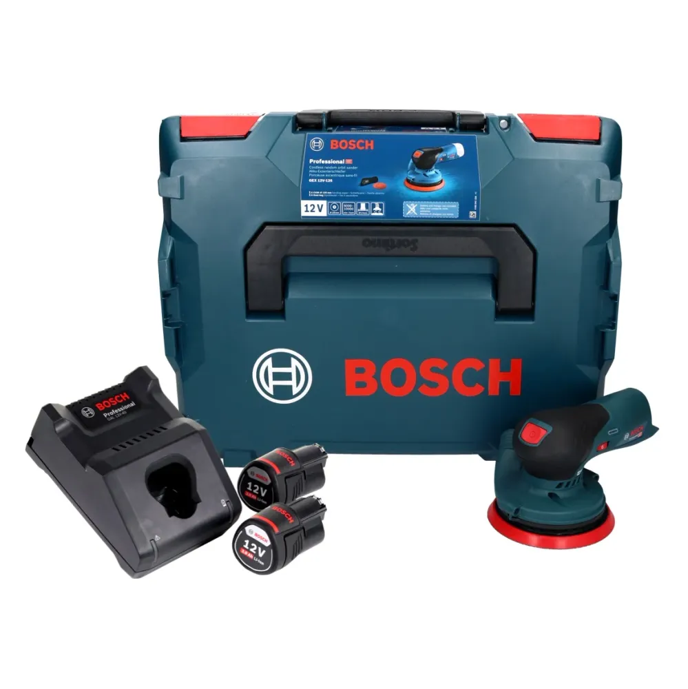 Bosch GEX 12V-125 Profesjonalna akumulatorowa szlifierka oscylacyjna bezszczotkowa 12 V 125 mm + 2x akumulator 3,0 Ah + ła...