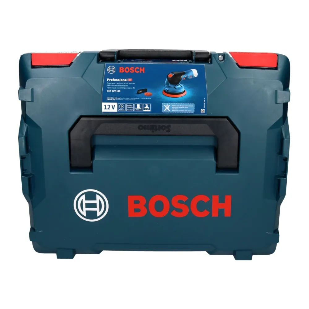 Bosch GEX 12V-125 Profesjonalna akumulatorowa szlifierka oscylacyjna bezszczotkowa 12 V 125 mm + 2x akumulator 3,0 Ah + ła...