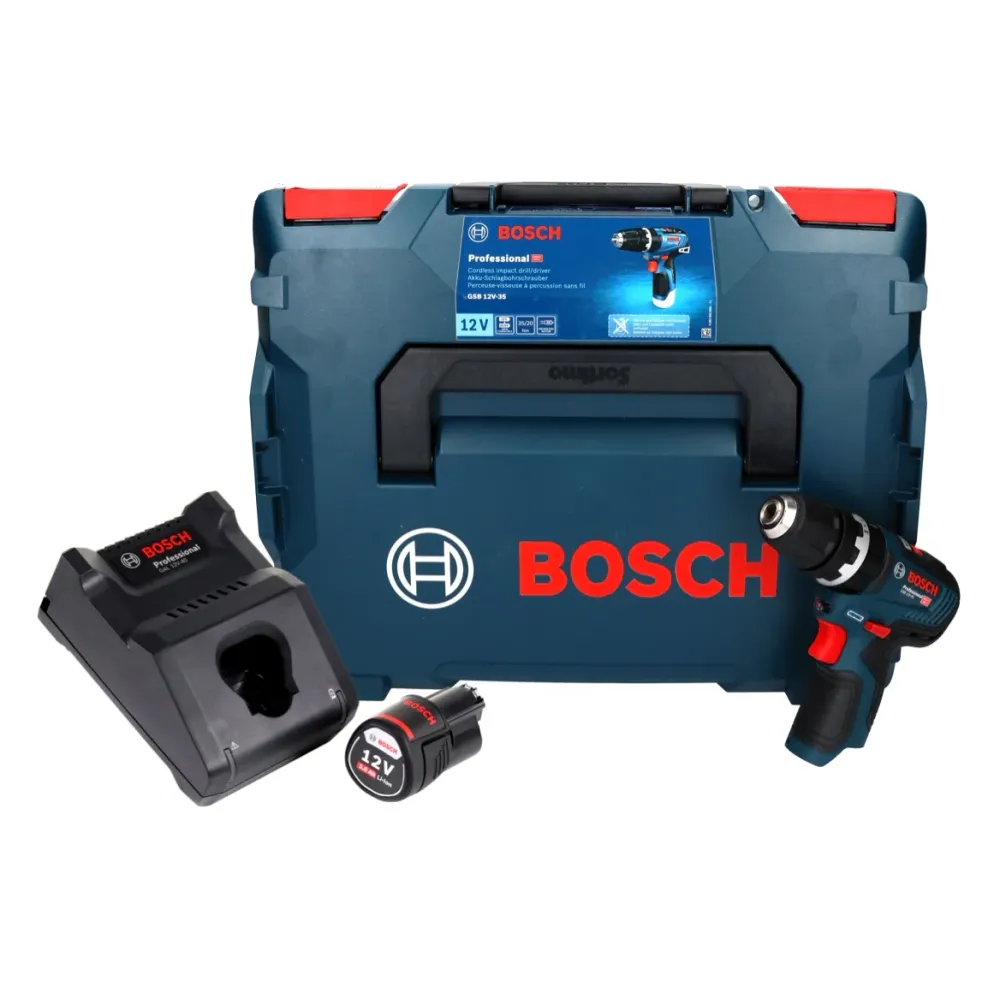 Bosch GSB 12V-35 Profesjonalna akumulatorowa wiertarko-wkrętarka udarowa 12 V 35 Nm bezszczotkowa + 1x akumulator 3,0 Ah +...