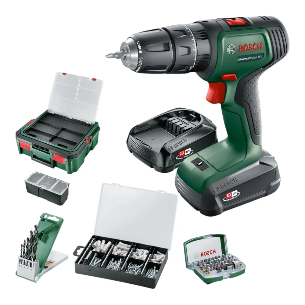 Bosch Universal Impact akumulatorowa wiertarko-wkrętarka udarowa 18 V 34 Nm ( 06039D4107 ) + 2 x akumulator 1,5 Ah + ładow...