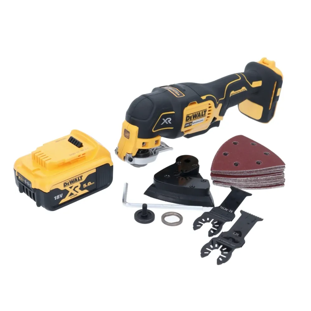 Akumulatorowa pilarka oscylacyjna DeWalt DCS 355 N 18 V bezszczotkowa + 1x akumulator 5,0 Ah + akcesoria - bez ładowarki