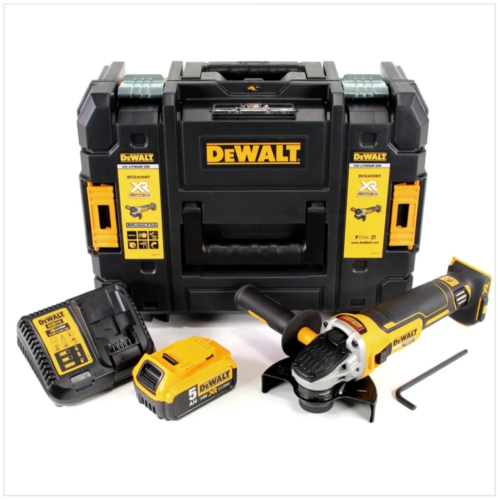 Akumulatorowa szlifierka kątowa DeWalt DCG 405 P1 18V 125mm bezszczotkowa + 1x akumulator 5,0Ah + ładowarka + TSTAK
