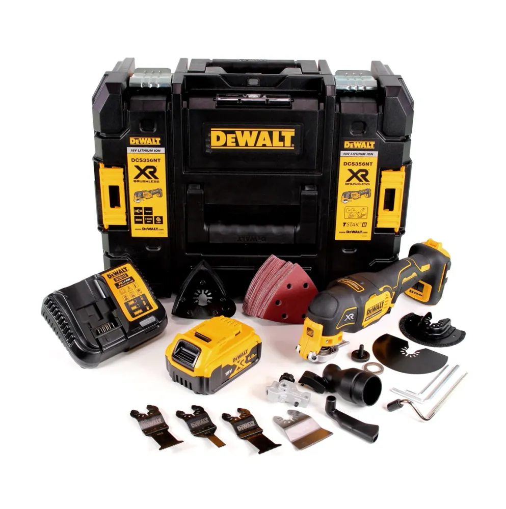 Akumulatorowe narzędzie wielofunkcyjne DeWalt DCS 356 P1 18 V bezszczotkowe + 35 akcesoriów + 1x akumulator 5,0 Ah + ładow...