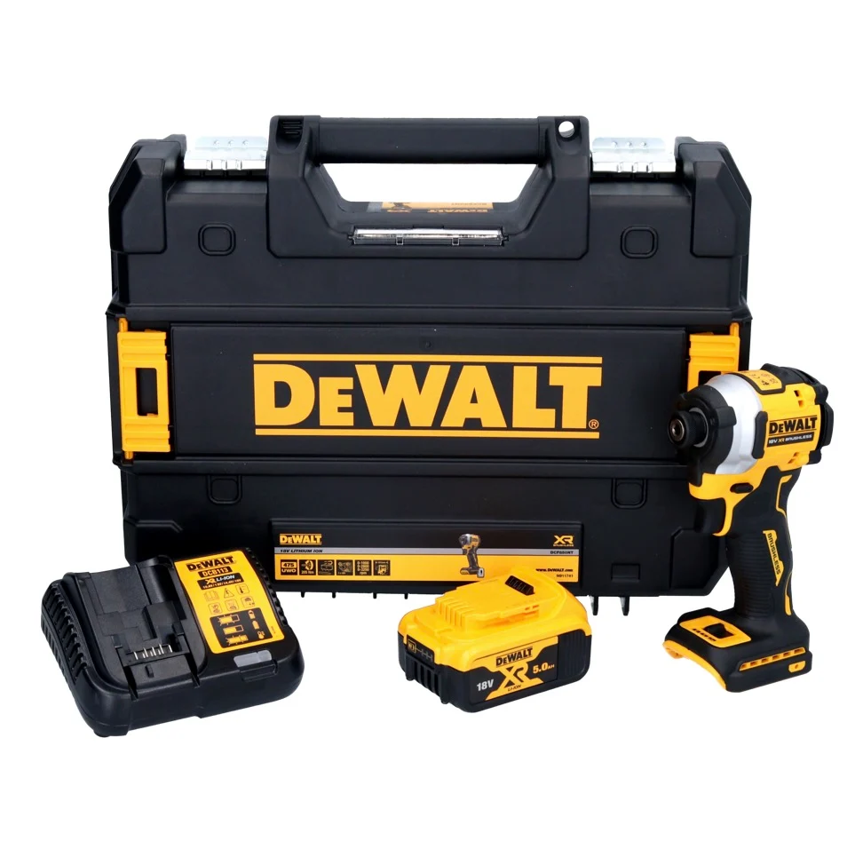 Akumulatorowy klucz udarowy DeWalt DCF 850 P1 18 V 205 Nm 1/4" bezszczotkowy + 1x akumulator 5,0 Ah + ładowarka + TSTAK