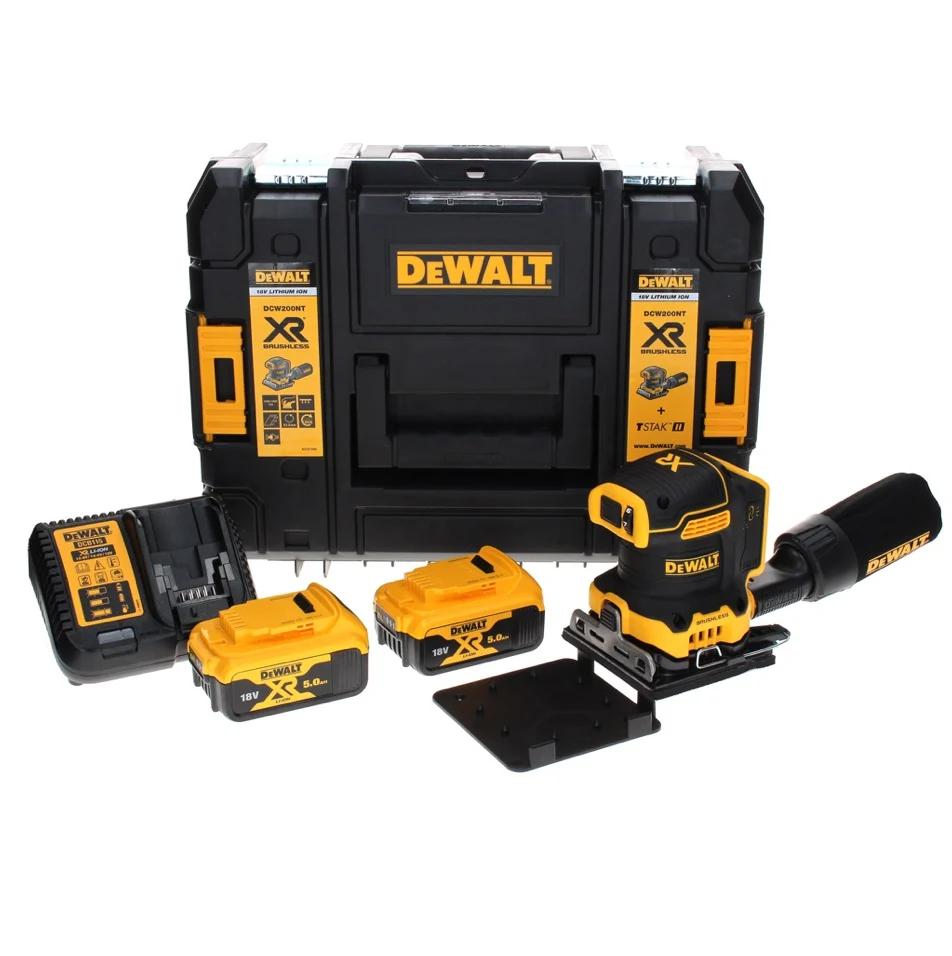 DeWalt DCW 200 P2 akumulatorowa szlifierka wibracyjna 18 V 108x115 mm + 2x akumulator 5,0 Ah + ładowarka + TSTAK