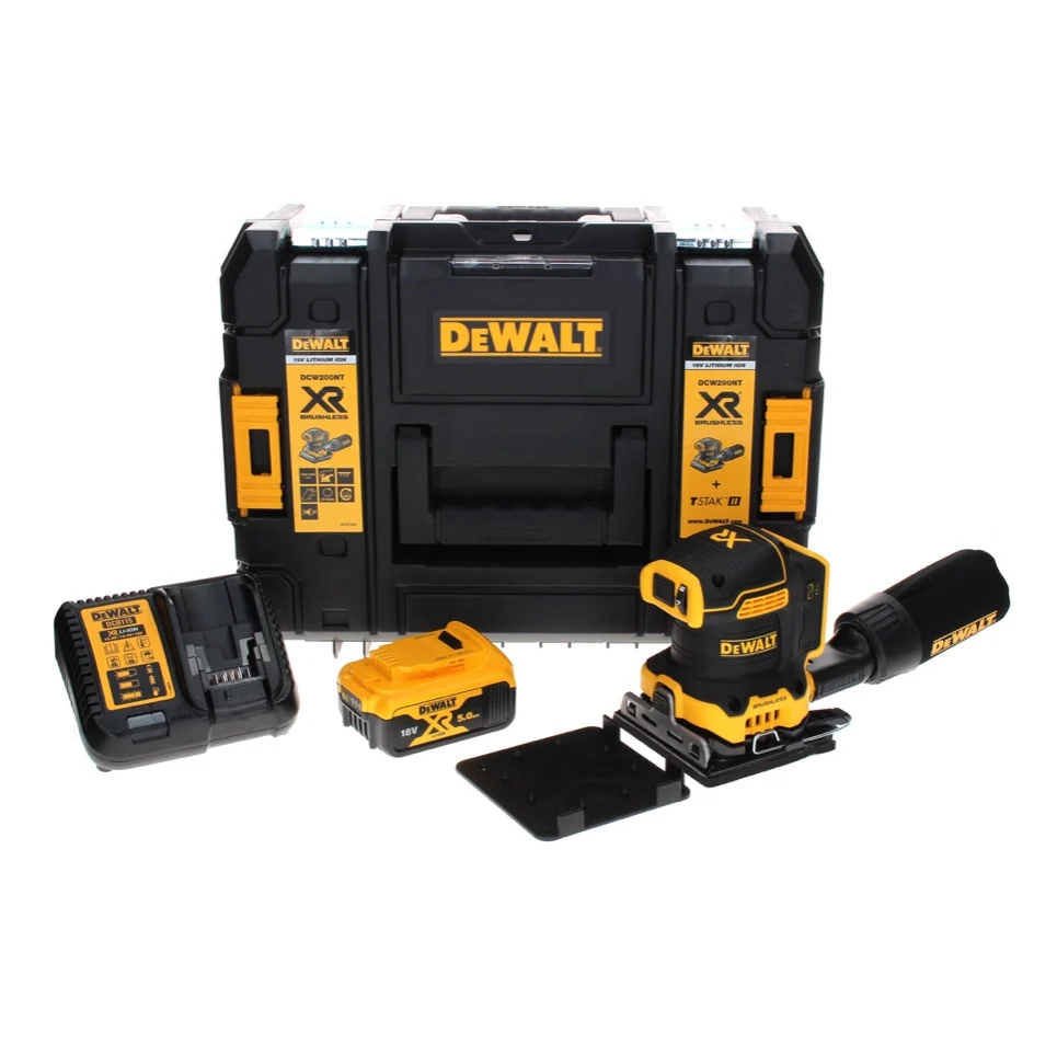 DeWalt DCW 200 P1 akumulatorowa szlifierka wibracyjna 18 V 108x115 mm + 1x akumulator 5,0 Ah + ładowarka + TSTAK
