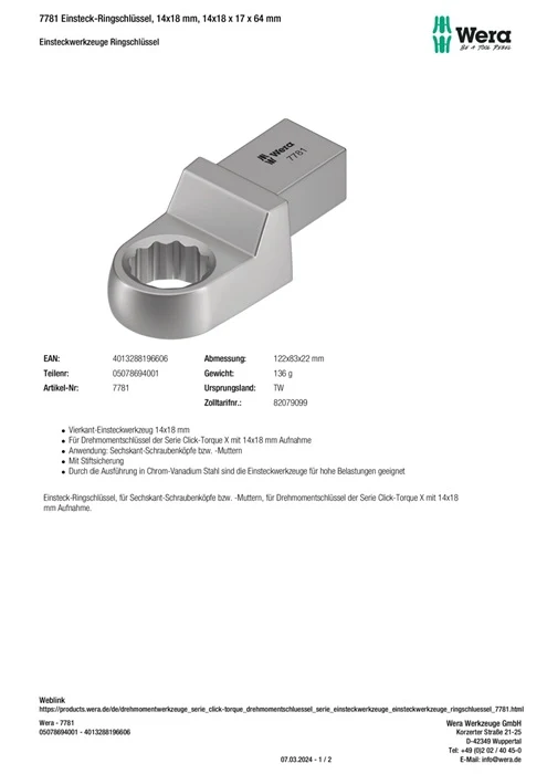 Klucz płasko-oczkowy Wera 7781 ( 8000377426 ) Szerokość między płaskownikami 17 mm 14 x 18 mm