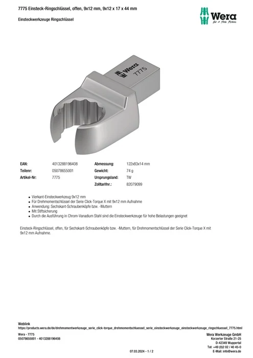 Klucz puszkowy Wera 7775 ( 8000377418 ) Szerokość między płaskownikami 17 mm 9 x 12 mm