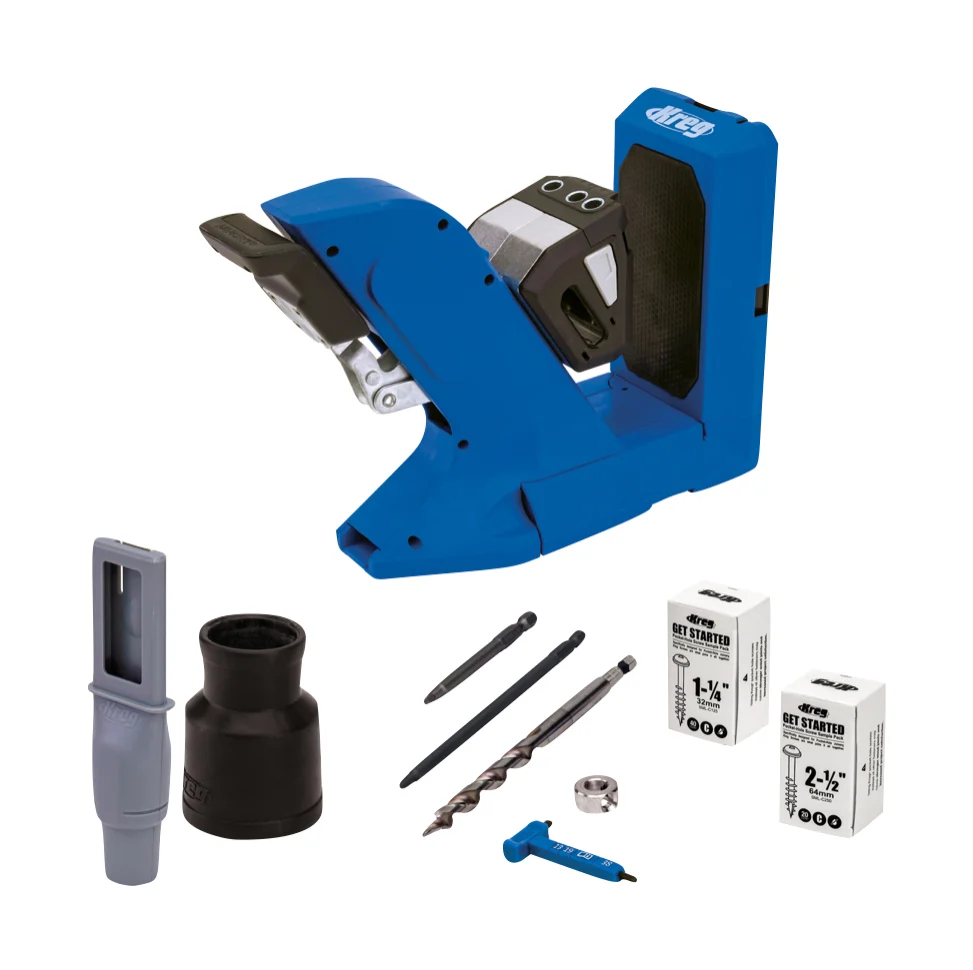 KREG Pocket Hole Jig 720 przyrząd do wiercenia otworów pod kieszeń (KPHJ720) + wiertło stopniowe + bit + wkręty