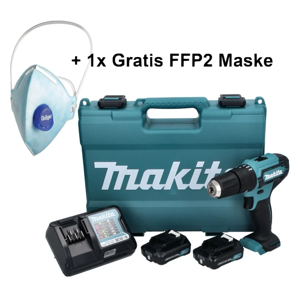 Akumulatorowa wiertarko-wkrętarka udarowa Makita HP 333 DWAE 12 V 30 Nm + 2x akumulator 2,0 Ah + ładowarka + 1x maska FFP2...