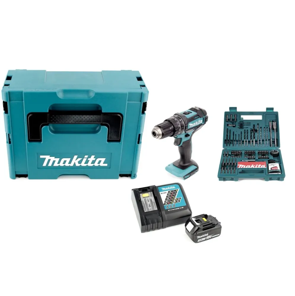 Akumulatorowa wiertarko-wkrętarka udarowa Makita DHP 482 RF1J 18V 62Nm w zestawie Makpac + akumulator 3,0 Ah + ładowarka +...