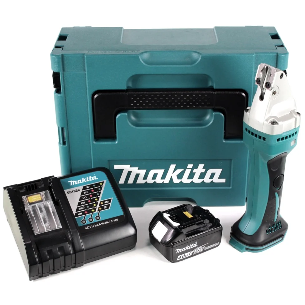 Akumulatorowe nożyce do blachy Makita DJS 161 RM1J 18 V Li-Ion w zestawie Makpac + 1 akumulator 4,0 Ah + ładowarka