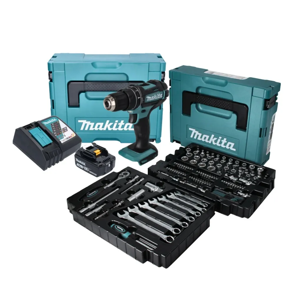 Makita DHP 482 RF1J akumulatorowa wiertarka udarowa 18 V + 120 szt. zestaw akcesoriów + 1x akumulator 3,0 Ah + ładowarka +...