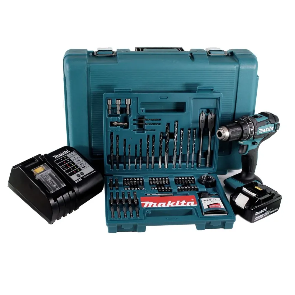 Makita DHP 482 SGK akumulatorowa wiertarko-wkrętarka udarowa 18V 62Nm + 1x akumulator 6,0Ah + ładowarka + 100 szt. zestaw...