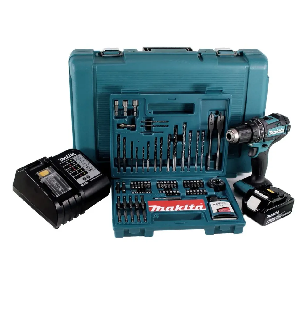 Makita DHP 482 STK akumulatorowa wiertarko-wkrętarka udarowa 18V 62Nm + 1x akumulator 5,0Ah + ładowarka + 100 szt. zestaw...