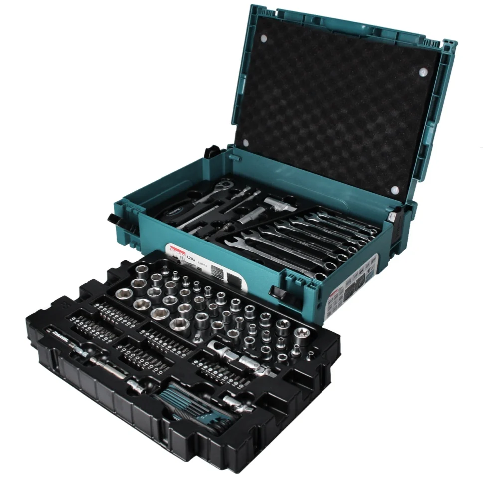 Zestaw narzędzi Makita 120 szt. ( E-08713 ) 1/4" / 3/8" / grzechotka / klucz nasadowy / bity / klucz płaski ze stali CV +...