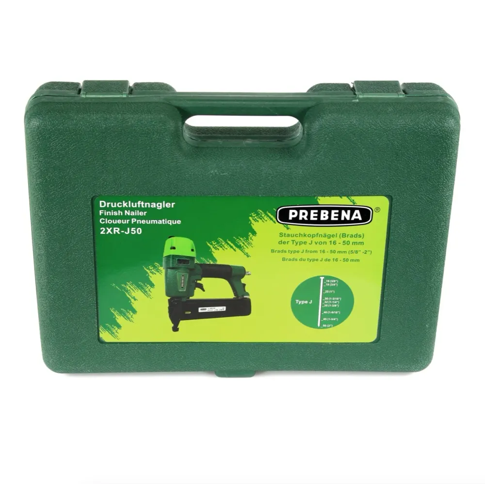 Gwoździarka pneumatyczna Prebena 2XR-J50 w walizce transportowej + J-BOX 8 000 sztyftów / gwoździ z łbem sztyftowym