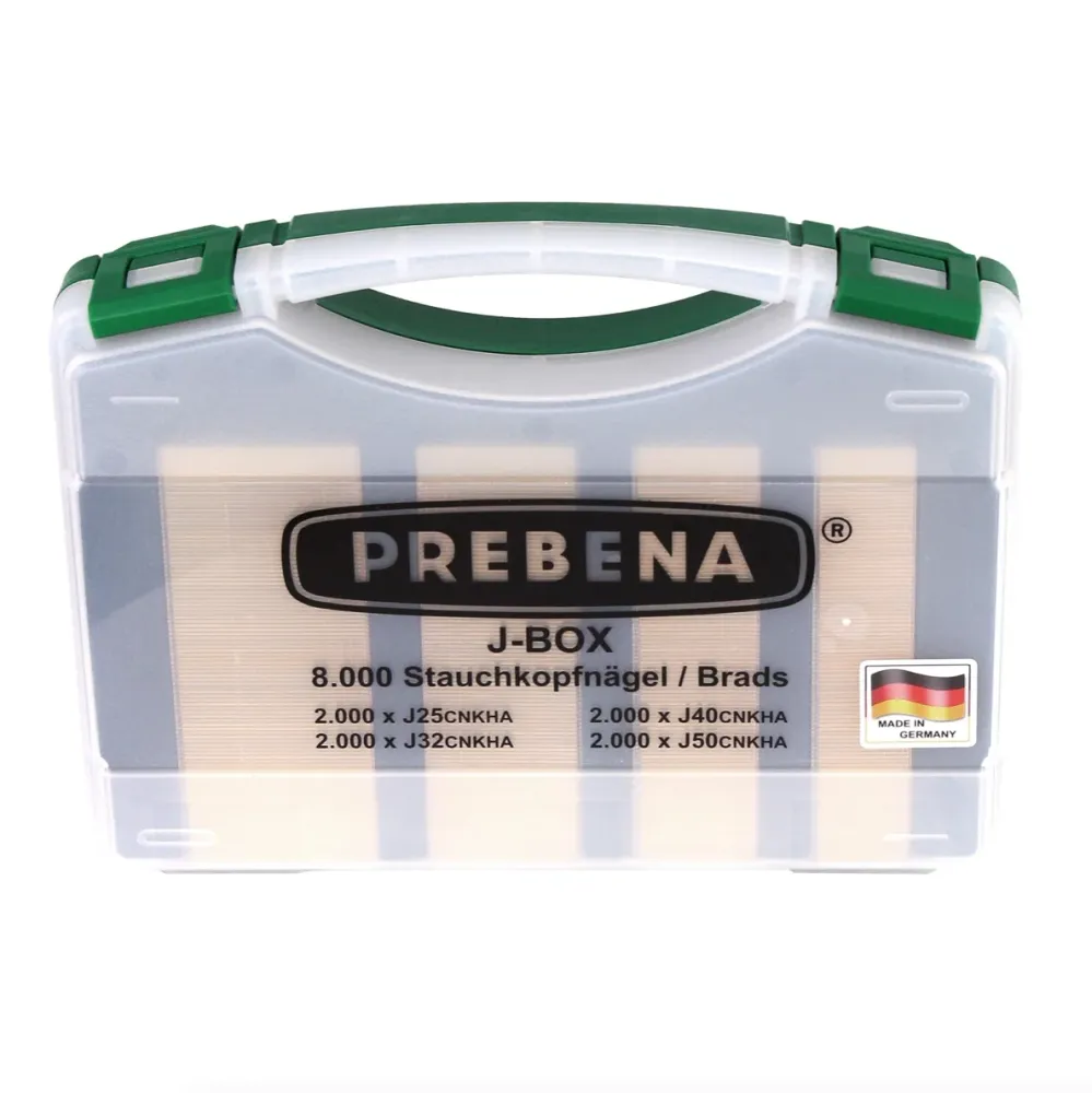 Gwoździarka pneumatyczna Prebena 2XR-J50 w walizce transportowej + J-BOX 8 000 sztyftów / gwoździ z łbem sztyftowym