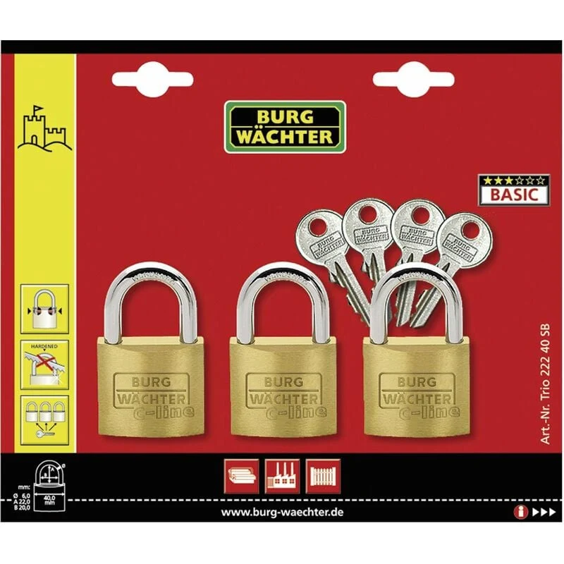 Zestaw kłódek BURG-WÄCHTER Trio 222 40 grubość szekli 6 mm wysokość szekli 22 mm ( 8000428780 )